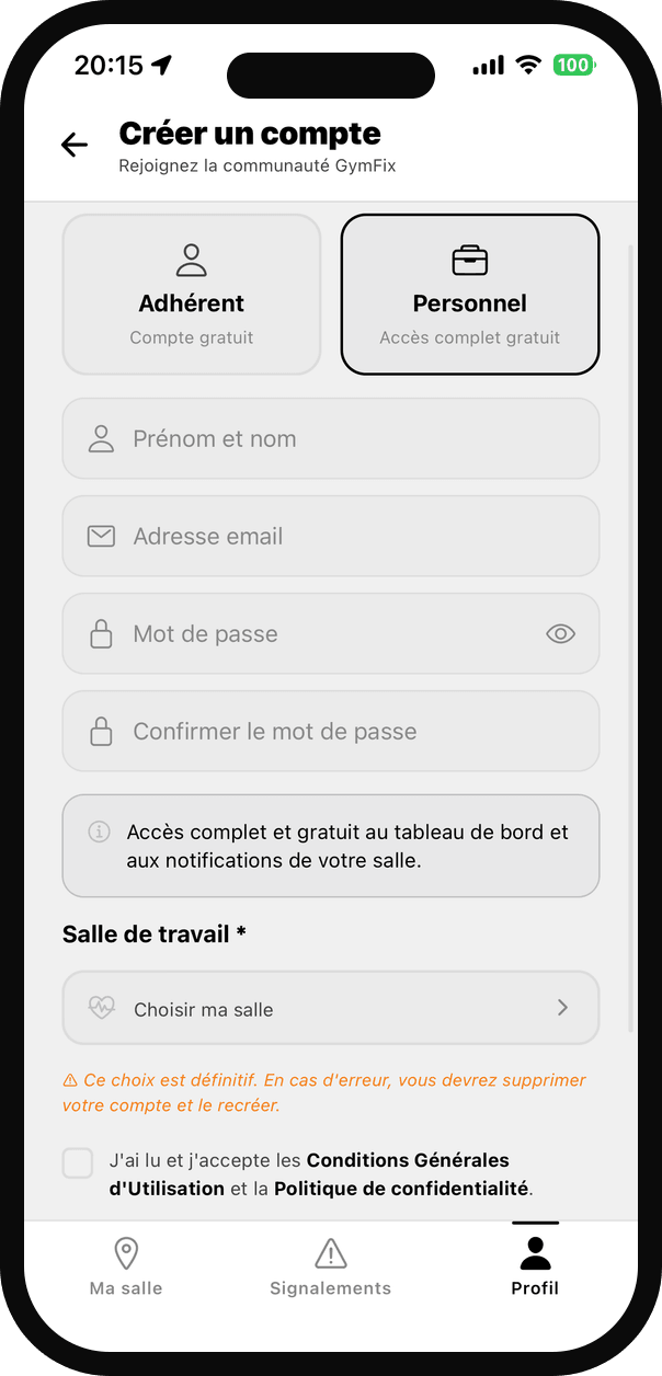 Création d'un compte Personnel GymFix