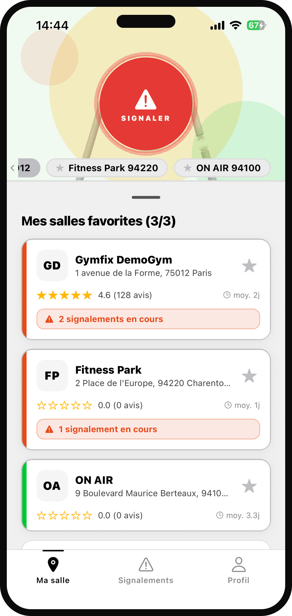 Écran « Ma salle » de l'application GymFix